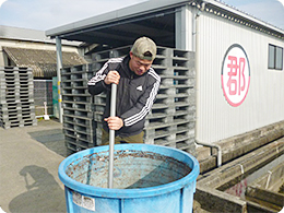 黒砂糖と酢を撹拌する邑田さん