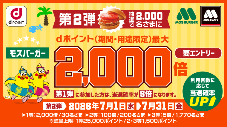 モスバーガーをご利用いただいた方の中から抽選で30名様にdポイント最大2,000倍！