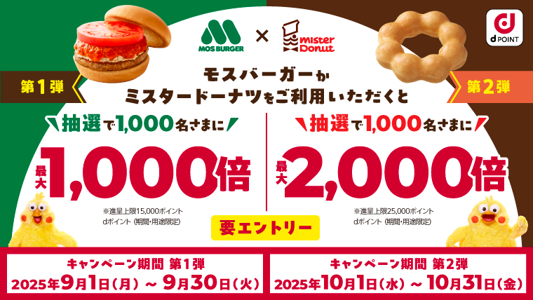モスバーガーもしくはミスタードーナツのご利用で抽選でdポイントプレゼント！9月は最大1,000倍、10月は最大2,000倍！さらに両方のご利用で当選確率10倍！