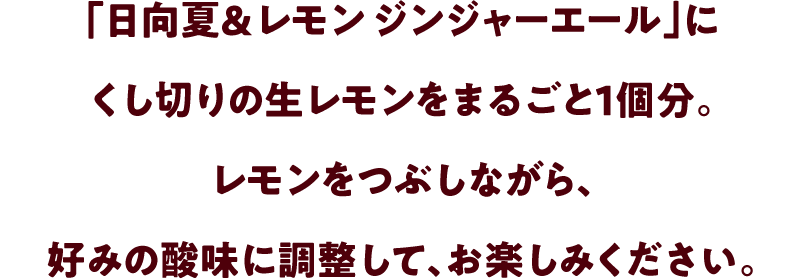 「日向夏&レモン ジンジャーエール」にくし切りの生レモンをまるごと１個分。レモンをつぶしながら、好みの酸味に調整して、お楽しみください。